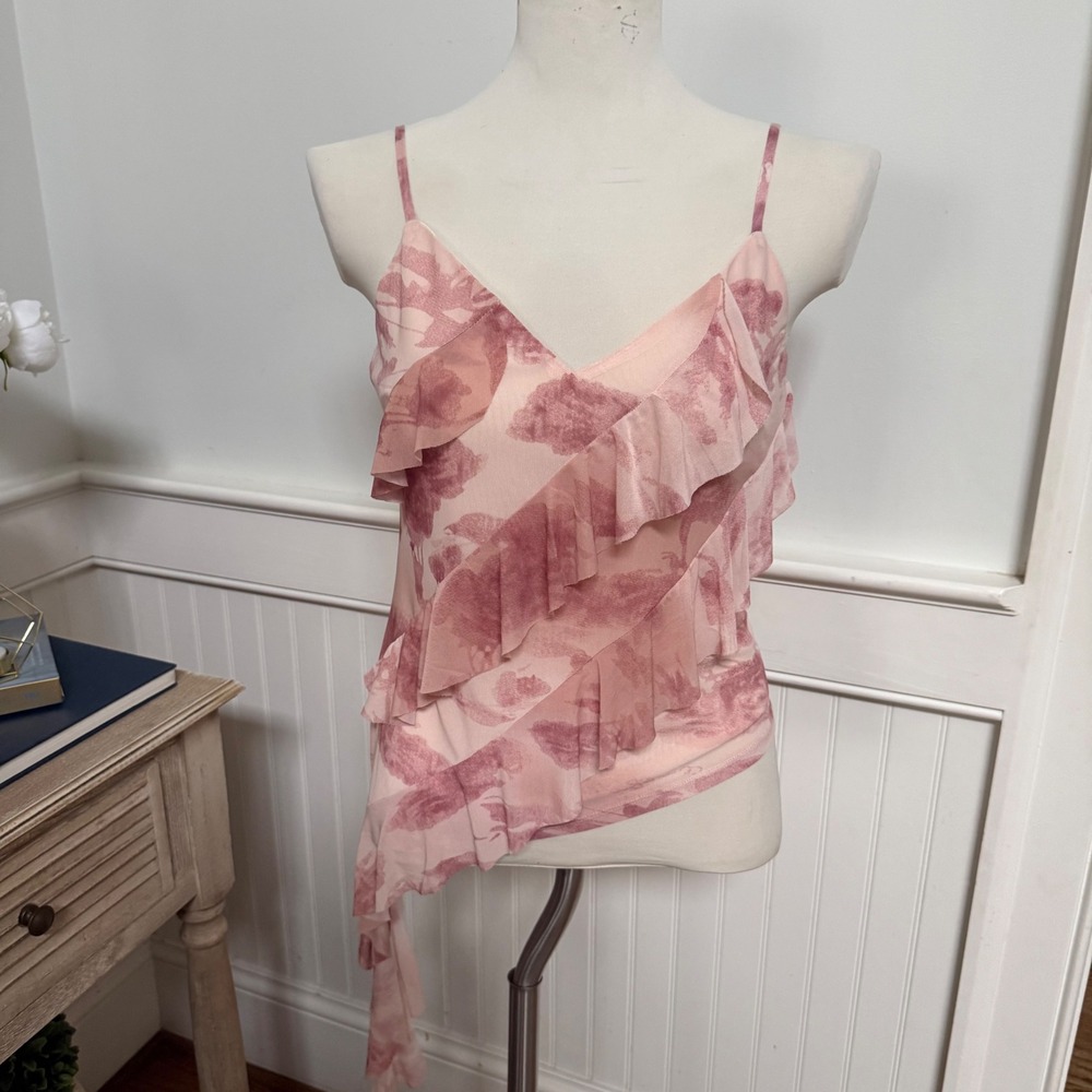 NWOT Pink Floral Ruffle Asymmetrical Hem Cami Top Size L